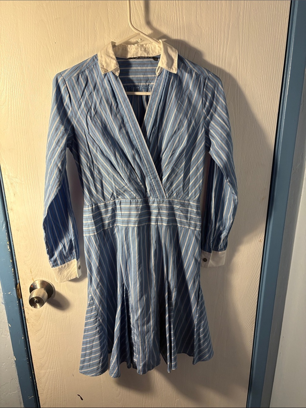 Ralph Lauren Blue and White Striped Long-Sleeve Wrap Dress